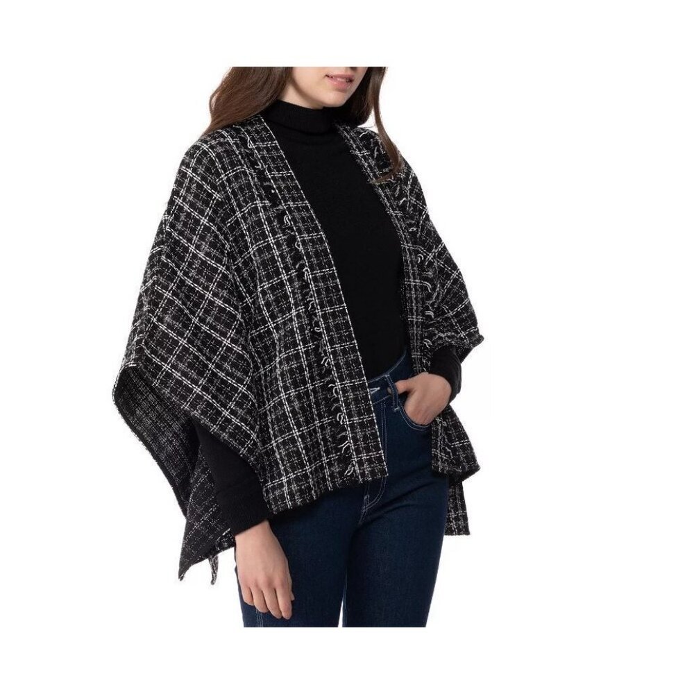 INC two-tone tweed women's ruana poncho open cardigan wrap -BLACK - M/L